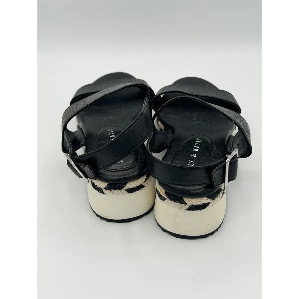 Kelly & Katie Poliana Black White Espadrille Platform Wedge Sandals Womens Sz 7